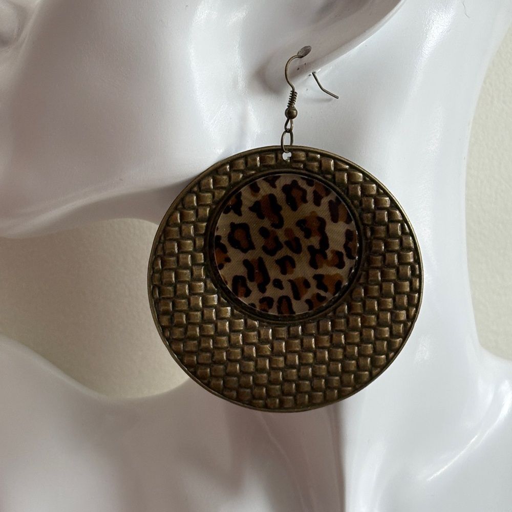 Vintage Leopard Print Bronze Hoop Earrings